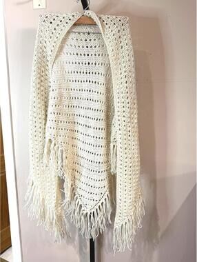 Handmade Cream Crochet Knit Wrap Sweater with Fringe